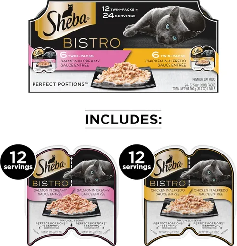 Miniatura 2 de Sheba Perfect PORTIONS Bistro - Bandejas de comida húmeda para gatos (12 unidades, 24 porciones), pollo en salsa Alfredo y salmón en salsa cremosa