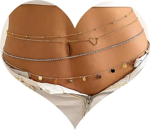 MJartoria Cadena de cuerpo de oro, cadena de vientre en capas, cadena de cintura de luna y estrella, cadenas de vientre para la cintura, joyería de