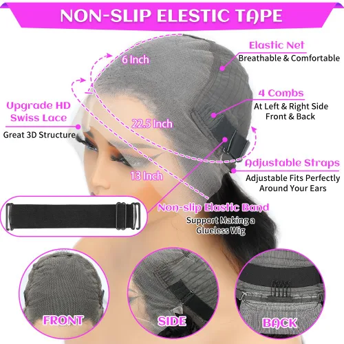 Miniatura 4 de Pelucas de encaje frontal de 13 x 6 pulgadas, pelucas de cabello humano lacio HD de densidad 220, pelucas de cabello humano prearrancado