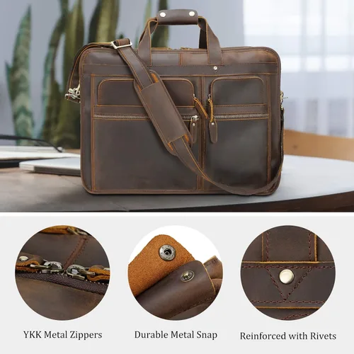Miniatura 9 de Polare - Maletín de cuero de grano completo de 18.5 pulgadas para computadora portátil, bolsa de mensajero para hombres, grande para portátiles