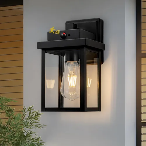 Luces de porche para exteriores con sensor de movimiento, montaje de pared, lámpara exterior del atardecer al amanecer para patio, lámpara de pared