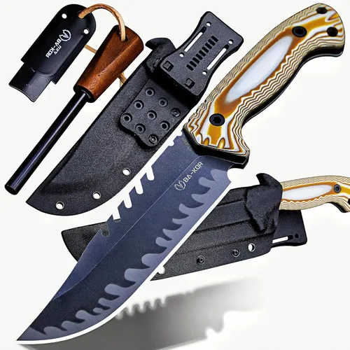 BA-KOR Cuchillo de caza de hoja fija de tang completo de 12.4 pulgadas – acero 9CR18MoV de 6mm, mango G10, hoja de sierra dentada lavada a la piedra