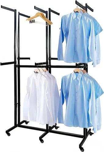Miniatura 11 de Perchero de pie de metal para ropa - Estantes de exhibición resistentes para uso comercial con ruedas, perchero de ropa de 6 brazos, perchas
