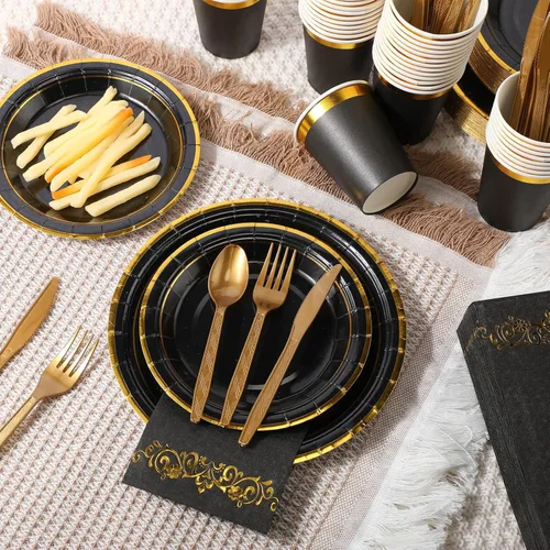 Miniatura 5 de Juego de 350 platos desechables de plástico negro y dorado para fiesta de graduación para 50 invitados, cubiertos de 9 pulgadas, platos de postre