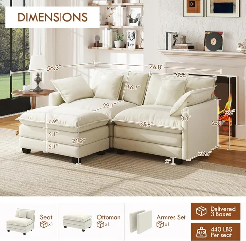 Miniatura 2 de WorthFurni Sofá de nube en forma de L de 77 pulgadas, sofá modular con otomana, cómodo sofá biplaza de felpilla con almohada para sala de estar