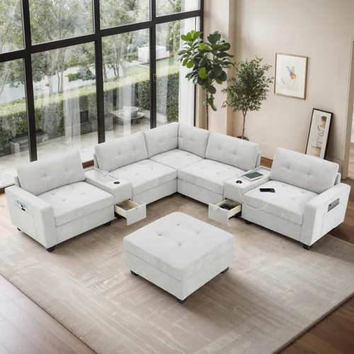 Miniatura 2 de Sofá modular de 103 pulgadas con 2 consolas acrílicas, juego de sofá en forma de U de gran tamaño con cargador USB, cajones de almacenamiento, Beige