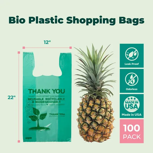 Miniatura 2 de FMP Brands Bolsas de plástico biodegradables ecológicas – 100 unidades con asas, bolsas de compras para camisetas de agradecimiento a granel