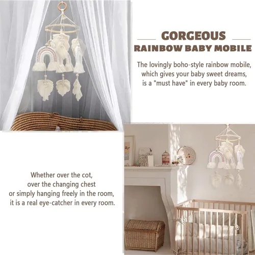 Miniatura 4 de Boho Baby Macramé Rainbow Boho Mobile - Regalo de ducha para recién nacido Arco iris+pluma