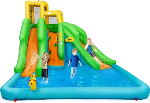 Boundtech - Casa inflable para saltar, para usar en la alberca, con dos toboganes, pared de escalada, aro de baloncesto, alberca para sambullirse,
