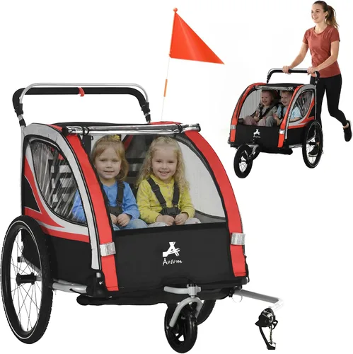 Aosom Remolque de bicicleta de bebé 3 en 1 para niños, 2 plazas, cochecito de bicicleta de alta visibilidad para carro pequeño, accesorio de Rojo