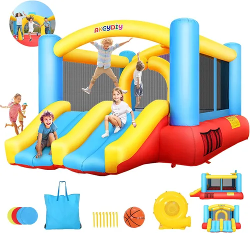 AKEYDIY Casa de rebote para niños, 13 x 12 pies, casa de rebote para niños de 3 a 12 años, casa inflable con toboganes dobles y área de rebote