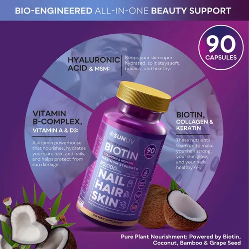 Miniatura 5 de SUNUV Biotina 10,000 mcg Colágeno Queratina - 80,000 mcg Vitaminas para el Crecimiento del Cabello para Mujeres y Hombres, Apoyo para la Piel