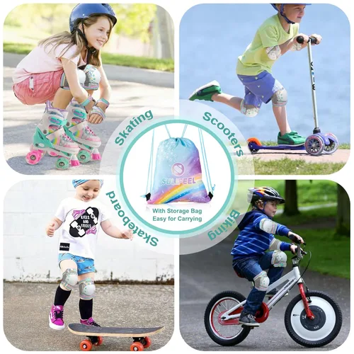 Miniatura 6 de SULIFEEL - Rodilleras de arcoíris y unicornio para niños, coderas, muñequeras con bolsa de cordón, juego de equipo de protección ajustable