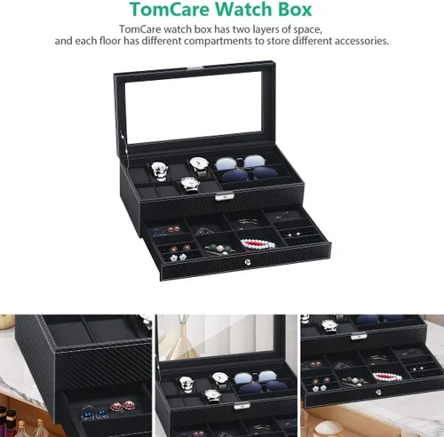 Miniatura 3 de TomCare Caja de reloj organizador de reloj con patrón de tejido joyero con cerradura con cajón soporte para gafas de sol aretes organizador de joyas