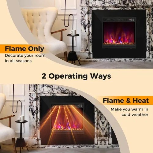 Miniatura 8 de COSTWAY Calentador de chimenea empotrado de 18 pulgadas, inserto de chimenea eléctrica con llama multicolor y cama de brasas de cristal, control