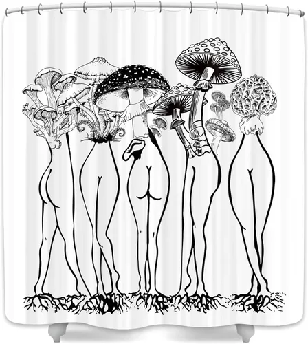 Miniatura 3 de Divertida cortina de ducha de hongos, divertida y sexy, cortina de ducha con trasero de hongo, hippie blanco y negro, impermeable, cortina de baño
