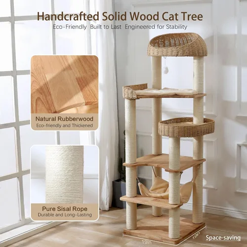 Miniatura 2 de Árbol de madera para gatos de interior, torre para gatos de 62 pulgadas de alto con poste rascador para gatos grandes, condominio para gatos