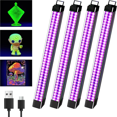 Paquete de 4 Barras de Luz Negra Recargables 10W Operadas por Batería, Luces Negras Portátiles para Fiestas de Luz y Pesca