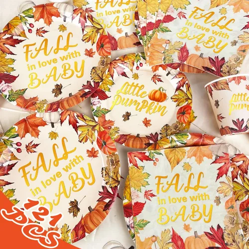 Miniatura 4 de El juego de decoraciones de baby shower de calabaza pequeña sirve 30, platos y servilletas de baby shower con temática de otoño, baby shower