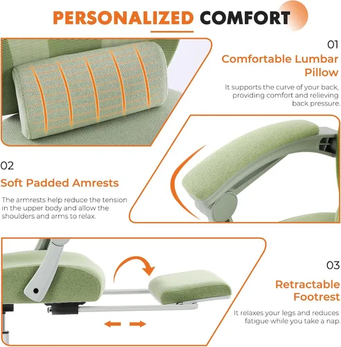 Miniatura 6 de Silla de oficina para computadora Sweetcrispy, sillas giratorias ergonómicas de malla con respaldo alto para trabajo con ruedas, soporte lumbar Verde