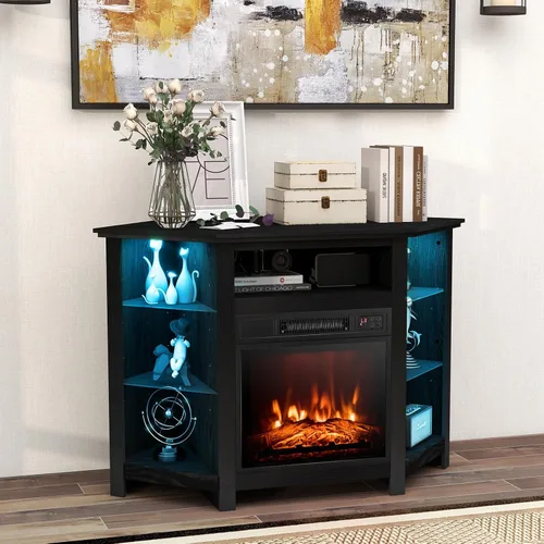 GOFLAME Soporte de TV con chimenea de esquina con luces LED para televisores de hasta 50 pulgadas, moderno centro de entretenimiento con chimenea