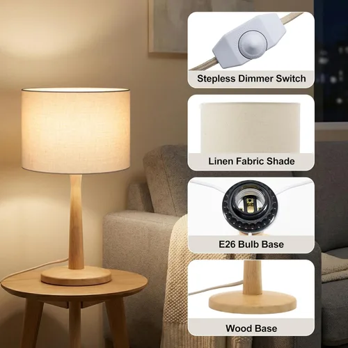 Miniatura 4 de Lámpara de mesa de madera natural maciza de 16.3 pulgadas con pantalla de tambor de lino para sala de estar, lámpara de mesita de noche regulable