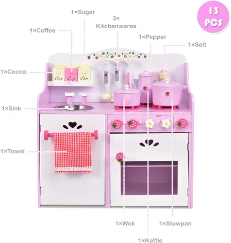 Miniatura 5 de HONEY JOY Juego de Cocina Rosa para Niños, Cocina de Juego de Simulación de Madera para Niños Pequeños, 13 Piezas de Utensilios de Cocina, Grifo