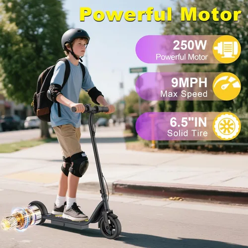 Miniatura 3 de VOLPAM Scooter eléctrico para niños de 8 a 12 años, neumáticos sólidos de 6.5 pulgadas, motor de 250 W con 3 velocidades de hasta 9 MPH, arranque