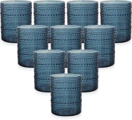 YOUBET 24 PCS Vasos de Plástico con Relieve para Beber - 14 Oz Vasos Azules Vintage - Vajilla Desechable con Cuentas para Jugo, Vino, Fiesta