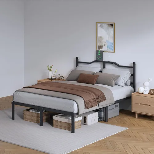 Miniatura 9 de SHOANED Marco de cama de 14 pulgadas de metal - Base de cama de tamaño matrimonial de alta resistencia con estación de carga y cabecera, listones