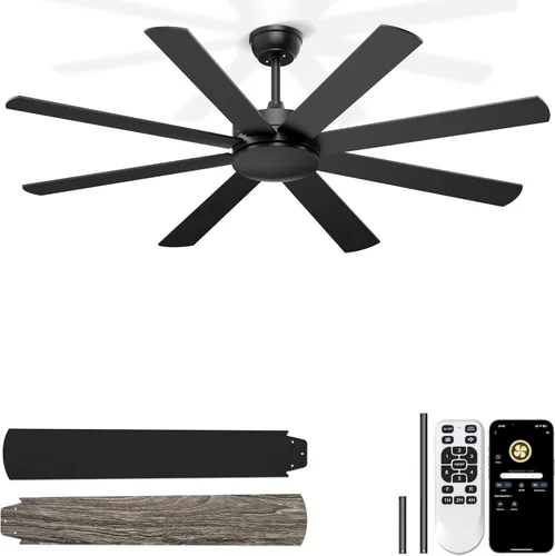 Ventiladores de techo de 60 pulgadas sin luces, ventilador de techo negro moderno, control remoto/aplicación, ventilador de techo silencioso con