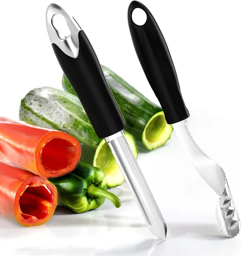 Descorazonador de pimienta jalapeño y calabacín/pepino, juego de 2, herramienta de cocina con núcleo de acero inoxidable con rebanada dentada y