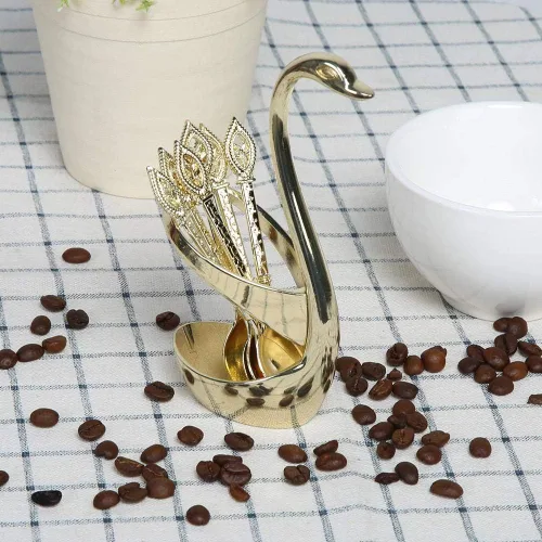 Miniatura 3 de Juego de cubiertos de cuchara de postre de acero inoxidable elegante para el hogar con soporte en forma de cisne (dorado)
