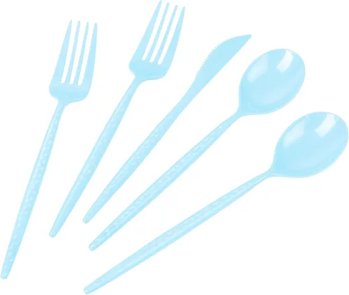 Miniatura 11 de LIYH 102 piezas de cubiertos de plástico plateado – Juego de cubiertos de plástico de alta resistencia, utensilios desechables, cuchillos, 102 plata