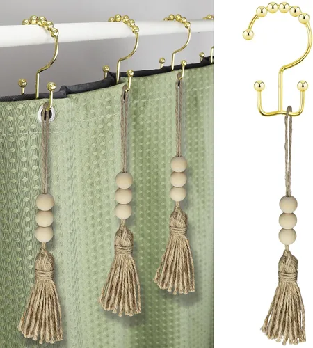 Miniatura 14 de Ganchos de cortina de ducha para baño, 12 piezas de acero inoxidable de metal resistente a la corrosión, ganchos deslizantes de doble cortina Oro
