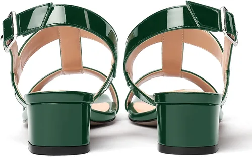 Miniatura 4 de SHOWFOREST Women's Solid Adjustable Strap Patent Outdoor Buckle Square Toe Casual Chunky Low Heel Heeled Sandals 1.5 Inch