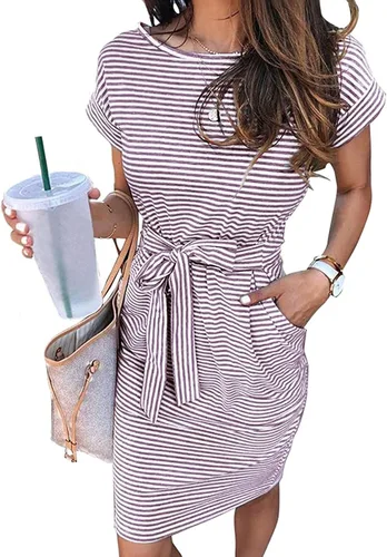 MEROKEETY - Vestido de verano con manga corta, a rayas, casual, estilo camiseta, con lazo en la cintura y bolsillos, para mujer