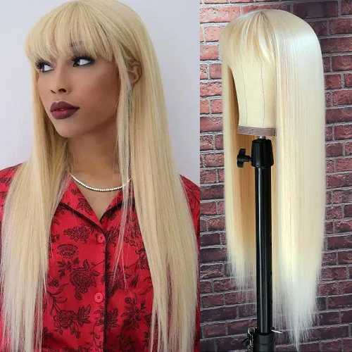 Miniatura 24 de QD-Tizer Pelucas sintéticas de color rubio ceniza con flequillo, pelucas de cabello largo y lacio, sin pegamento, pelucas sintéticas sin encaje