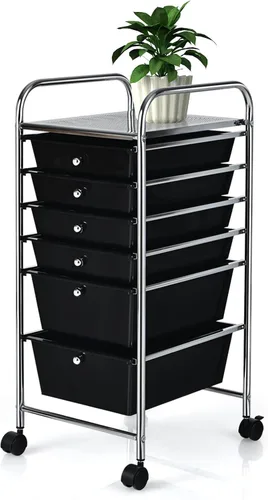 Miniatura 10 de Happygrill Carrito organizador de 6 cajones, carrito de almacenamiento móvil con cajones extraíbles y ruedas con cerradura, carrito de Transparente