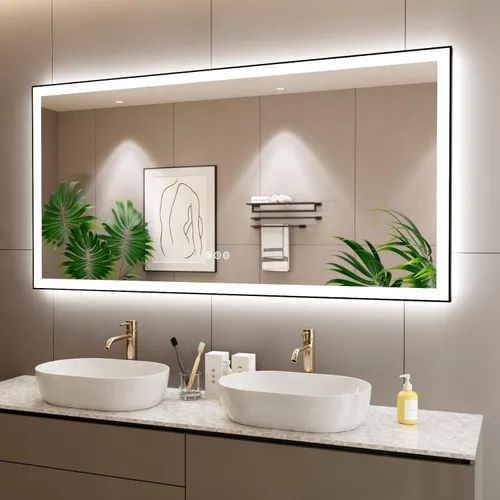 Miniatura 42 de Espejo de baño LED de 60x36 pulgadas con marco negro, espejos de baño retroiluminados y con luz frontal para pared, antiempañamiento, regulable