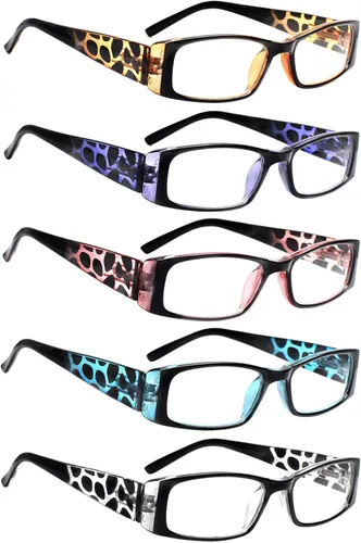 Miniatura 14 de Paquete de 5 anteojos de lectura rectangulares con bisagra de resorte, a la moda, unisex (5 combinaciones, 2.5)