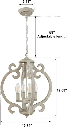 Miniatura 5 de Candelabro de Granja de 4 Luces, Candelabro de Madera Rústica Orbe Desgastado Lámpara Colgante de Estilo Campestre Francés Lámparas de Techo
