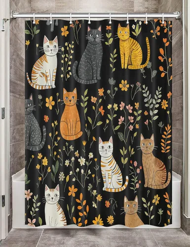 MERCHR Cortina de Ducha de Gato Lindo Campista para Baño de Remolque de Viaje, Divertido Juego de Cortinas de Ducha de Tela Negra con Gato de