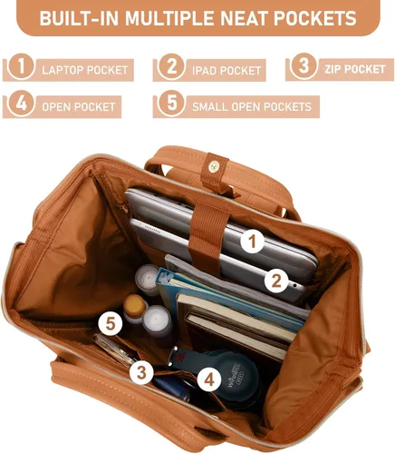 Miniatura 3 de Kah&Kee - Mochila de cuero con compartimento para laptop, ideal para viajes, escuela, para mujeres y hombres, marrón claro (Camel Beige)), PU1211