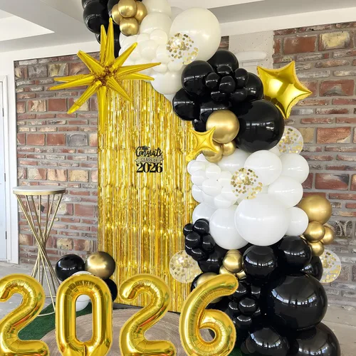 Miniatura 5 de Kit de arco de guirnalda de globos de graduación para decoraciones de graduación de clase de 2026, globos negros dorados y blancos de diferentes