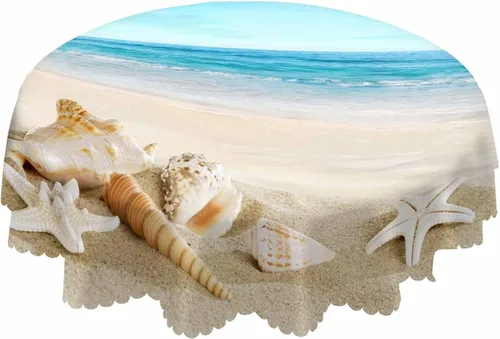 AOYEGO Mantel redondo de 60 pulgadas con diseño de concha de playa tropical oceánica, estrella de mar, cielo arena, mantel de poliéster para Conchas