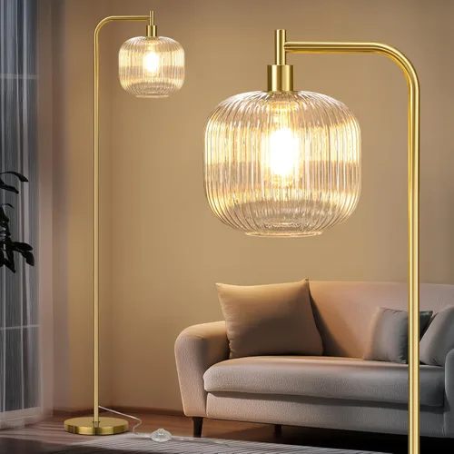 Miniatura 15 de QiMH Lámpara de pie de cristal para sala de estar, lámpara de pie moderna con pantalla de vidrio acanalado e interruptor de pedal, lámpara de 67
