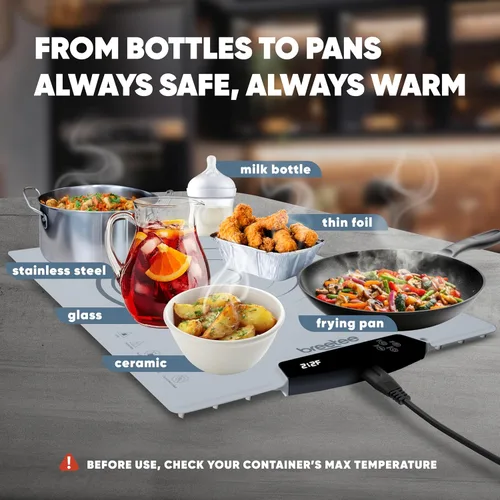 Miniatura 5 de BREETEE Tapete eléctrico para calentar alimentos – Tapete de calefacción de silicona para alimentos con 9 niveles de temperatura – Tapete de Blanco
