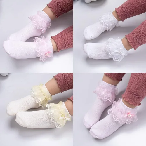 Miniatura 14 de Looching 5 pares de calcetines de encaje con volantes y lazo con volantes de malla con ojales de princesa, calcetines de vestir al tobillo