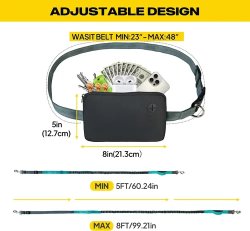 Miniatura 6 de Fida Correa de perro 3 en 1 manos libres con bolsa de cremallera, correas elásticas y reflectantes – Correa ajustable de 5 a 8 pies para correr